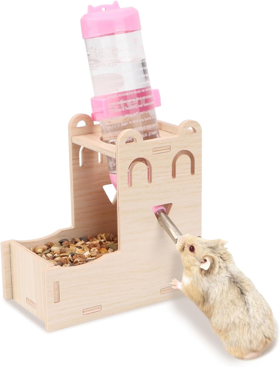 2 in 1 Hamster Hanging Water Bottle Pet Auto Dispenser with Base for Hamster Mice Gerbil Hedgehog (Smile Wooden)