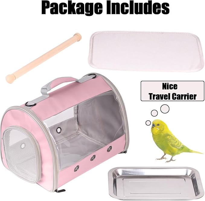 Long Tail Bird Travel Carrier Cage with Tray and Stand Perch, Portable Lightweight Clear Windows Carry Bag for Parakeet Budgies Cockatiel Transport to Vet (Pink, Cylinder Design - Clear)