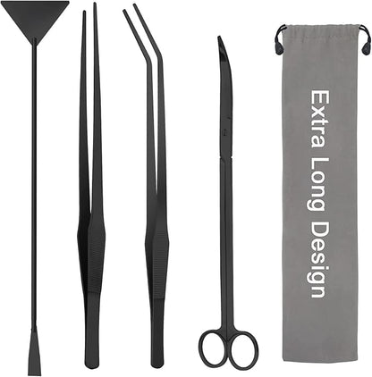 Aquarium Aquascape Tools Kit 15in, 4 in 1 Anti-Rust Aquatic Plant Aquascaping Tool Stainless Steel Tweezer Scissor Spatula for Aquarium Tank Clean Fish Tank Aquascape Accessories Set (black)