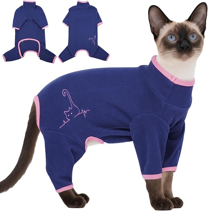 DENTRUN Cat Clothes for Hair Control with Hair Sticky Fabric - Soft Recovery Suit & Breathable Lint-Resistant Cat Sweater for Cats Only, Kitten Onesie Pajamas, M, Blue
