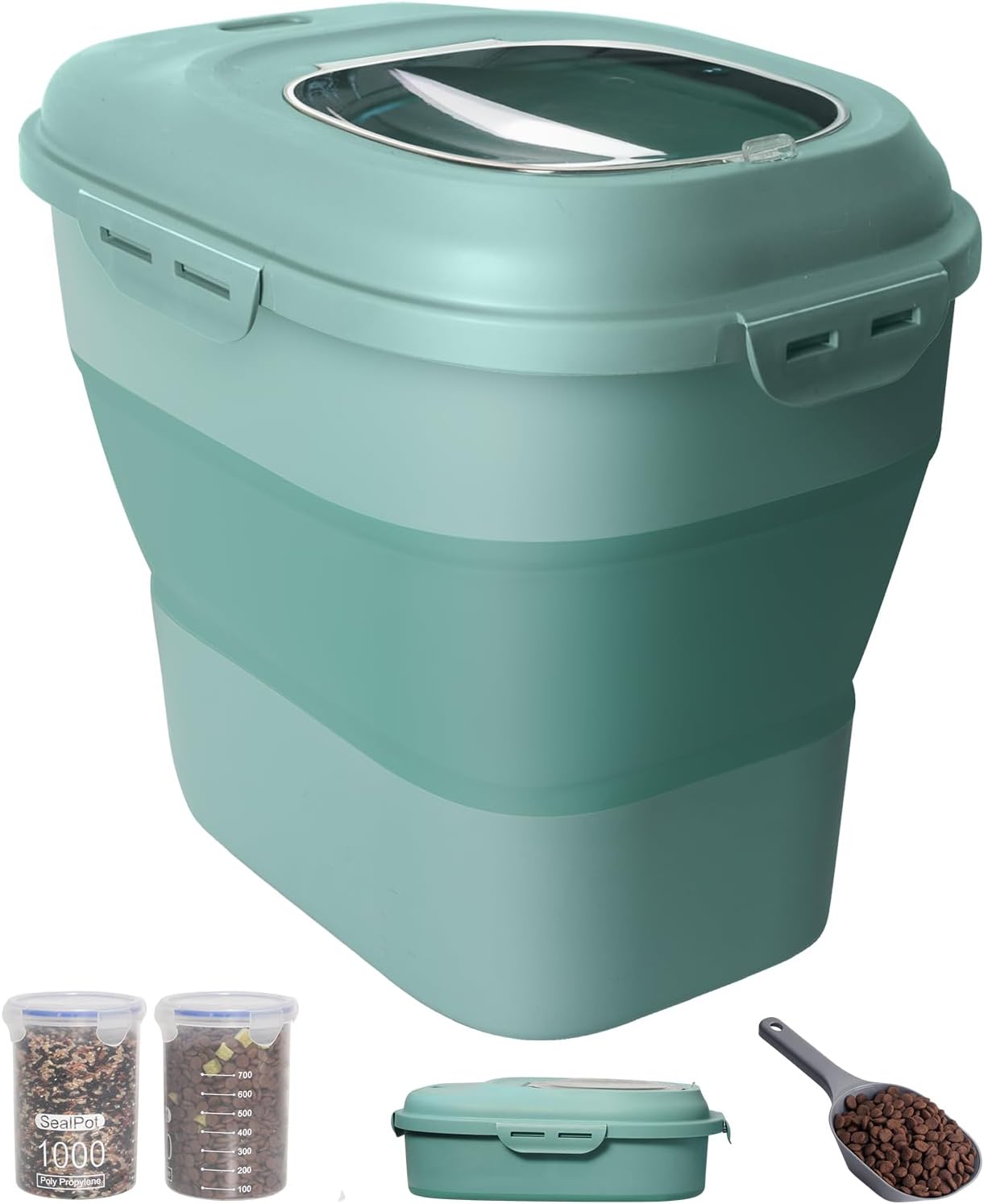 30-35 Lbs Dog Food Storage Container Collapsible Dog Food Container with Airtight Lids, Wheels, Scoop and 2pcs Food Storage Containers, Large Pet food storage for Dog, Cat (Green)
