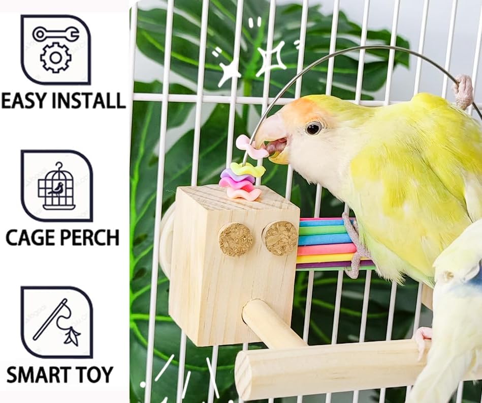 Parrot Cage Toy(4 Functions) Perch Standing with Colorful Beads Foraging Smart Toy Soft Corks for Small to Regular Size Parrot Cockatiel Birds