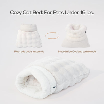 4 in 1 Cat Sleeping Bag Plush Self Warming Cat Bed Snuggle Bag Blanket Mat Cave (Small Cats Up to 15 lbs) White 21 × 17 Inch