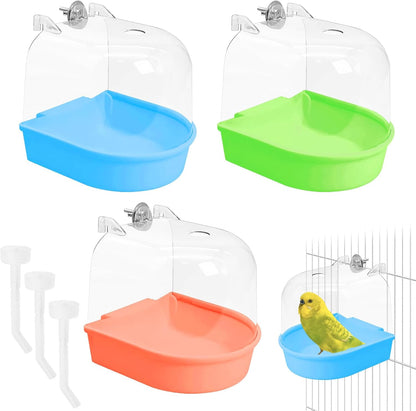 Tfwadmx 3Pcs Bird Bath for Cage Hanging Parakeet Bath Box Clear Bird Bathtub Water Shower Food Feeder Bathing Tub for Cockatiel Conure Canary Budgies