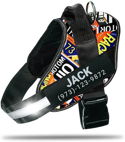 Personalized No-Pull Dog Harness with Name Patch, Adjustable, Reflective, Padded, Heavy Duty Pet Vest to Prevent Tugging, Pulling, or Choking, Training and Walking, Motorsport, M
