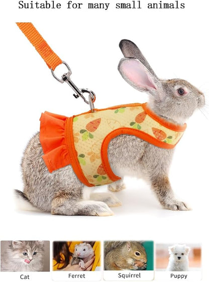 Rabbit Harness and Leash Set,Proof Walking Escape Cute Floral Mesh Vest Breathable Rabbit Costumes for Bunny, Hiking, Training for Ferret Kitten Puppy Small Animals Orange S