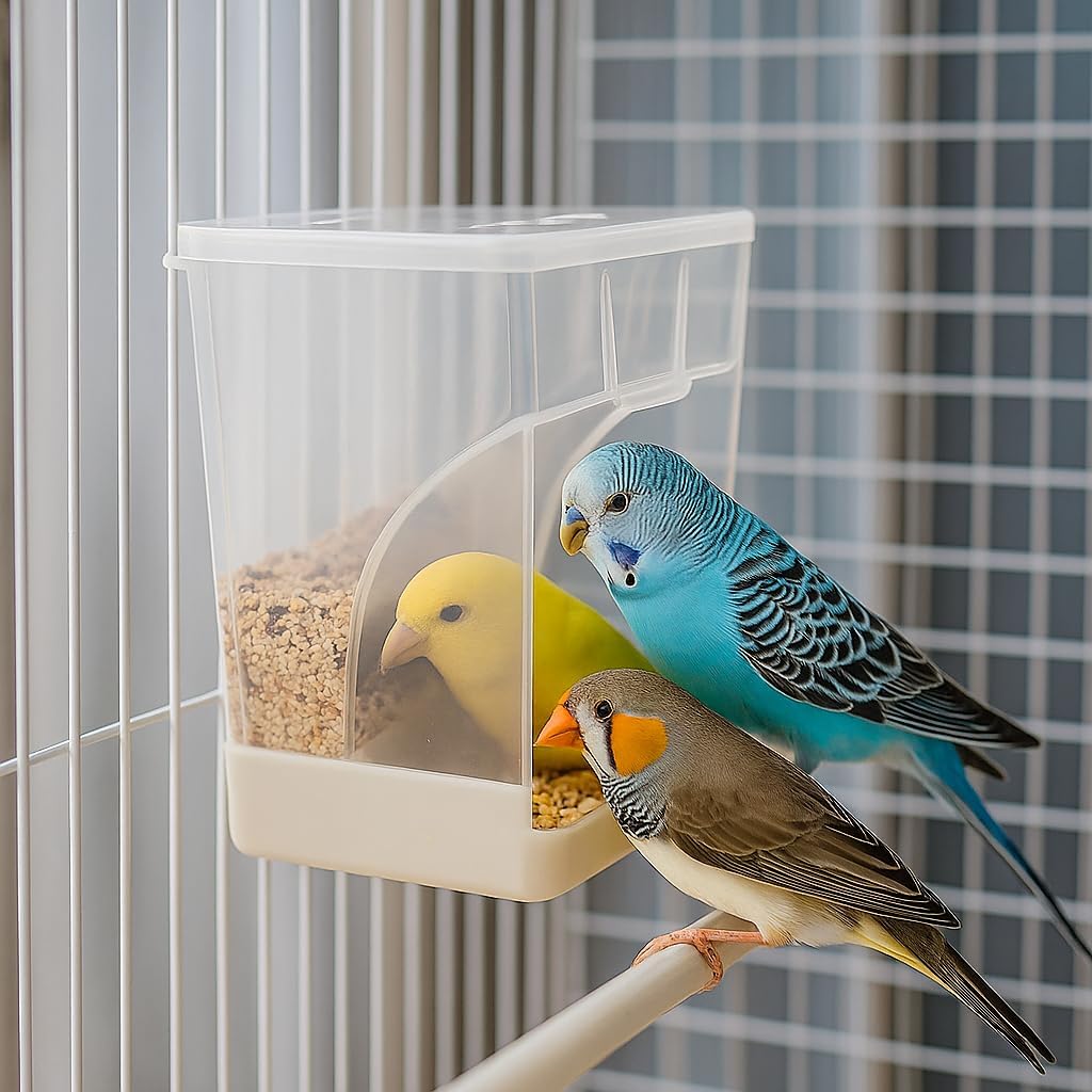Old Tjikko No Mess Bird Feeder for Cage, Automatic Acrylic Seed Container with Large Hook, Install-Free Parrot Feeder for Budgerigar, Canary, Cockatiel, Parakeet, Finch