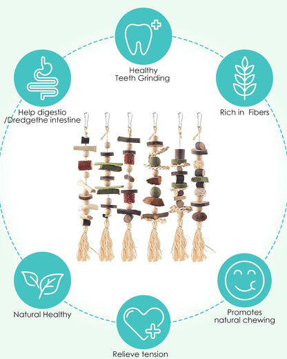 6PCS Bunny Chew Toys, Hamster Rabbit Cage Hanging Chew Toys, Natural Apple Wood Bunnies Treats, Improve Small Animal Teeth Health for Guinea Pig Chinchilla Ferret Rats Gerbil