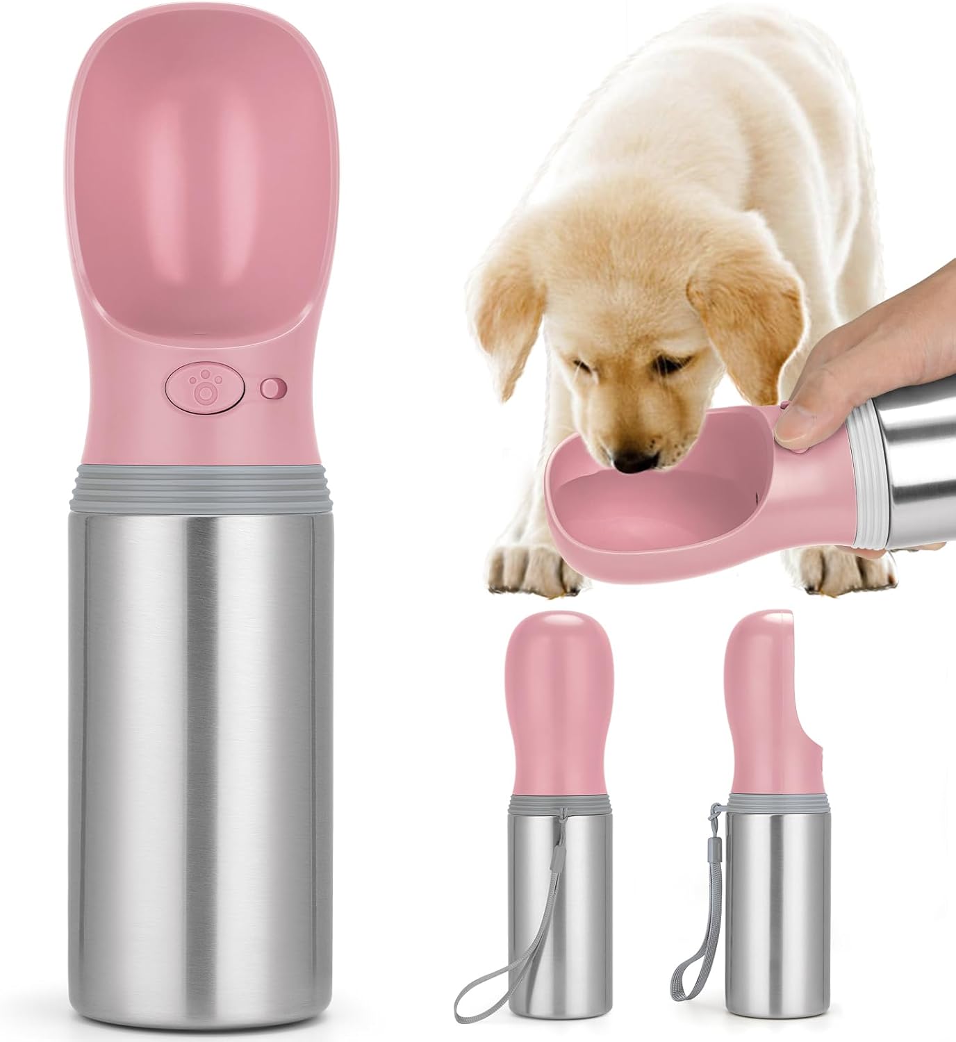 Portable Dog Water Bottle, 14 OZ, Stainless Steel Leak Proof Puppy Water Dispenser with Drinking Feeder for Pets Travel, Walking, Hiking and Outdoor Activities