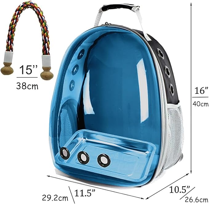 Bird Traval Carrier Cage, Polarized Tinted Blue Space Capsule Astronaut Backpack to Carry Parakeet Cockatiel Parrot with Metal Tray Wood Perch, Vet Transport Bag