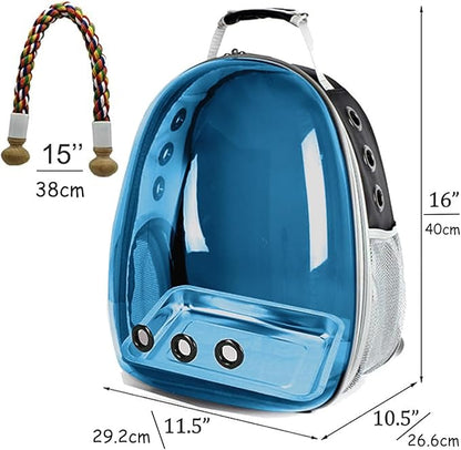 Bird Traval Carrier Cage, Polarized Tinted Blue Space Capsule Astronaut Backpack to Carry Parakeet Cockatiel Parrot with Metal Tray Wood Perch, Vet Transport Bag