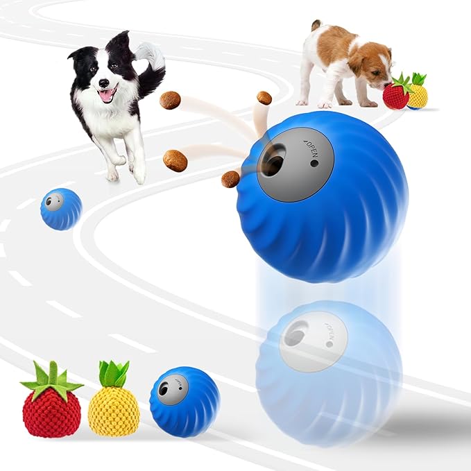 1Pcs Durable Treat Dispensing Dog Toys to Keep Them Busy,Interactive Dog Toys,Fruity Plush Covers,Dog Treat Ball,Motion Activated Moving Dog Toy for Small/Medium Dogs,USB Rechargeable,Blue