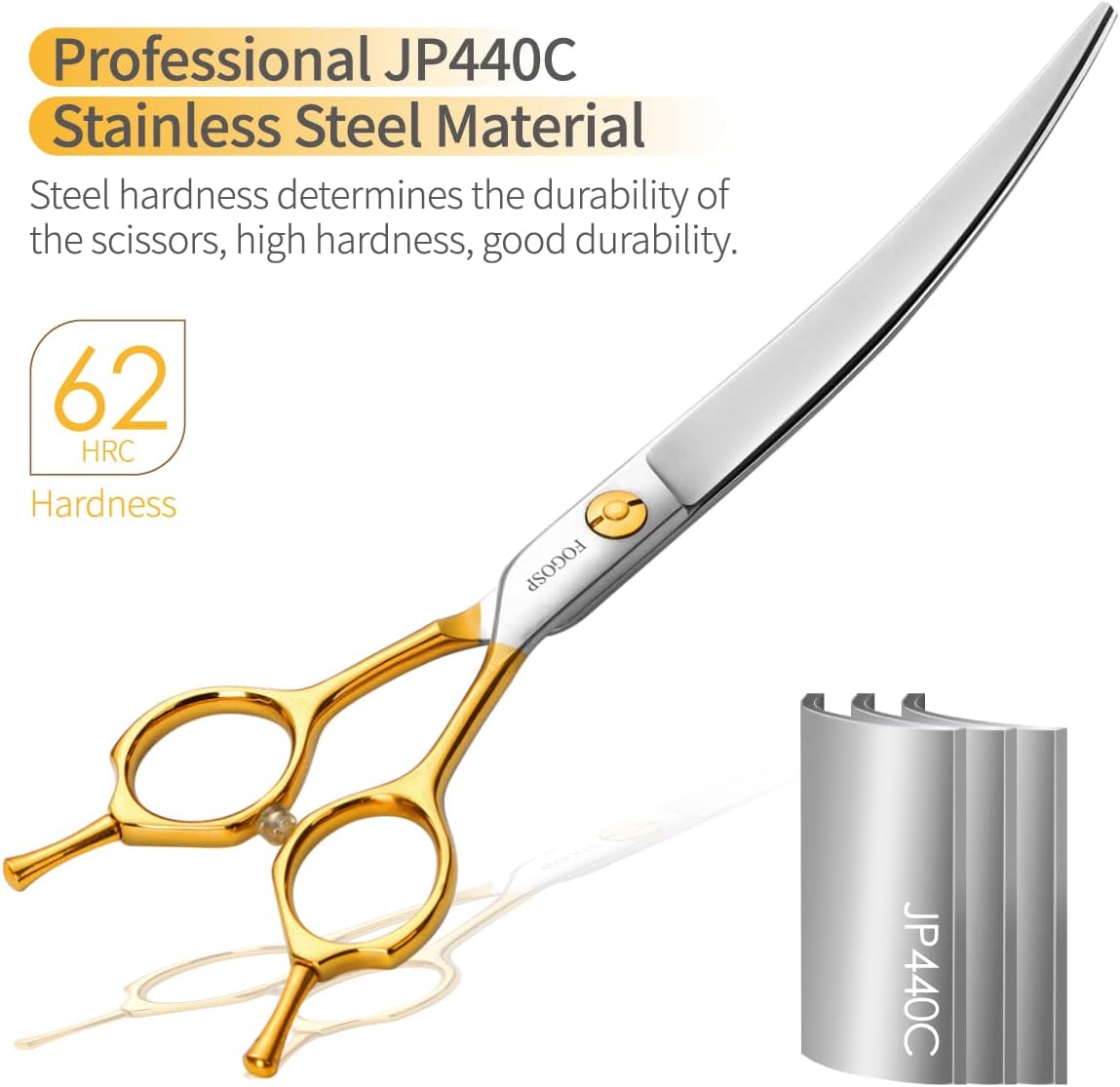 Curved Dog Grooming Scissors Professional 7.5" Grooming Shears for Dogs Pet Right Handed Groomer Japan 440C Stainless Steel (7.5 in Curved, Gold)