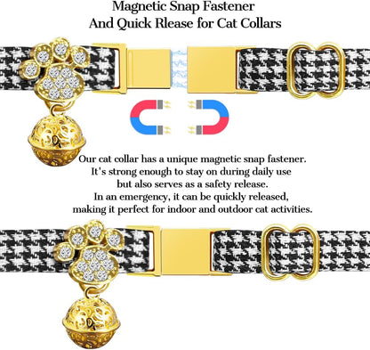 Personalized Breakaway Cat Collars - Magnetic Buckle, Bell - Safety Quick Release, Customized for Girls & Boys Cats- (Houndstooth-Black)