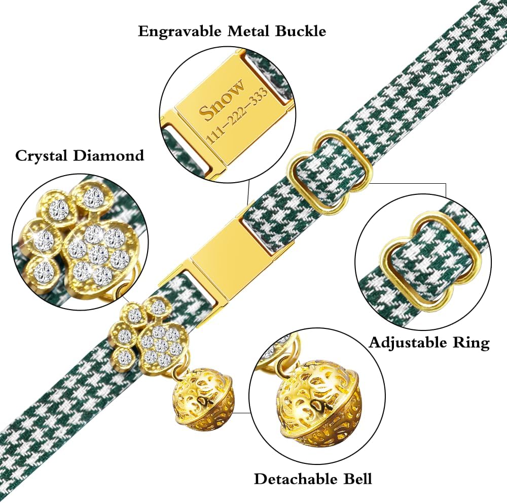 Personalized Breakaway Cat Collars - Magnetic Buckle, Bell - Safety Quick Release, Customized for Girls & Boys Cats- (Houndstooth-Green)