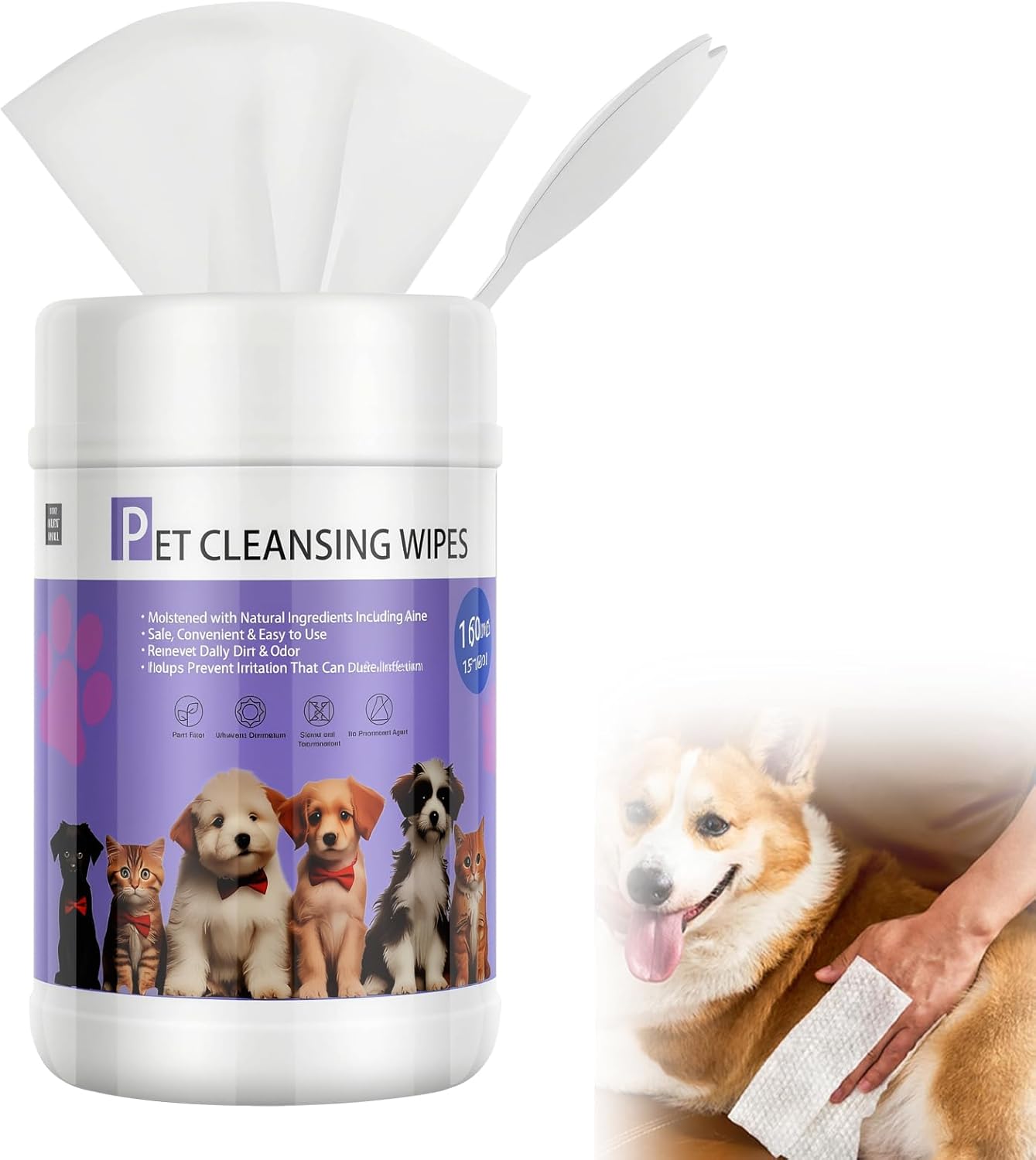 Pet Wipes 160 Count Hypoallergenic Dog Cleaning Wipes for Pets Hair Paws Ears Eyes Mouth