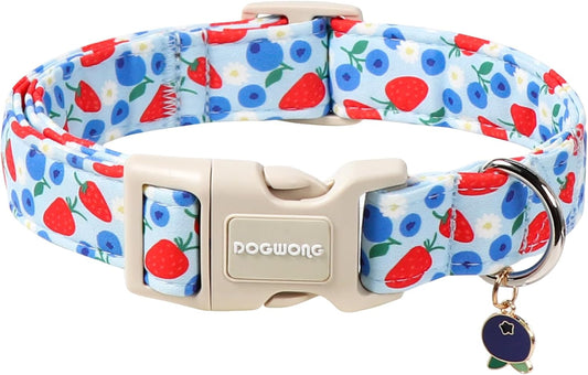 DOGWONG Strawberry Dog Collar, Blue Dog Collars Blueberry Adjustable Cute Pet Collars Girl Design Dog Collar for Small Medium Large Dogs