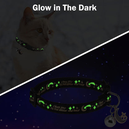 Cat Collar with Bells Breakaway, 3 Pack Moon and Star Cat Collar Reflective, Cute Kitten Collars with Pendant Glow in The Dark for Girl Boy Cats, 8"-12" Adjustable Safe Dog Puppy Kitty Collar