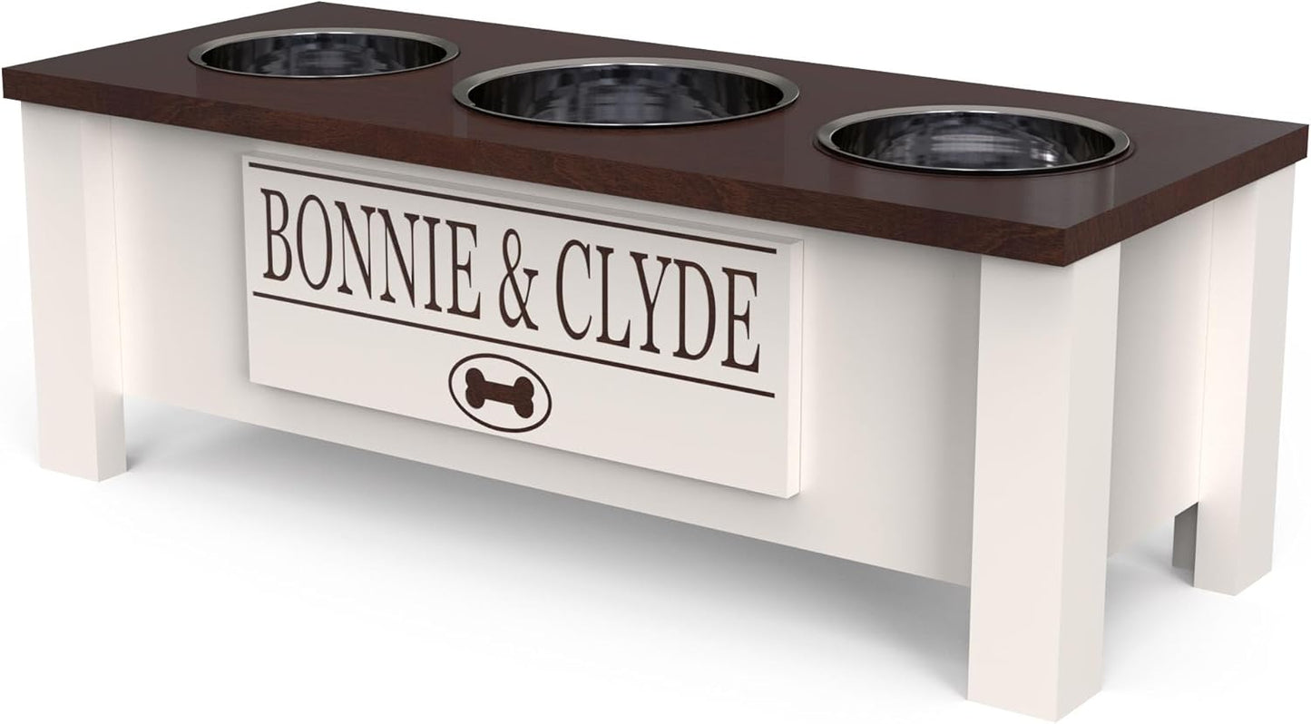 GrooveThis Woodshop - Personalized Elevated Triple Dog Bowl Stand for Large, Medium, Small, X-Small Dogs - 3 Stainless Steel Food and Water Bowls - Raised Dog Dish - Internal Storage (Medium, Brown)