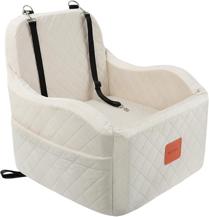 Dog Car Seat for Small Medium Dogs Up to 35lbs, Detachable Washable Soft Pet Booster Travel Bed for Front Seat with Safety Leash Belt (Beige, Medium)