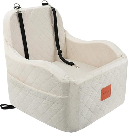 Dog Car Seat for Small Medium Dogs Up to 35lbs, Detachable Washable Soft Pet Booster Travel Bed for Front Seat with Safety Leash Belt (Beige, Medium)