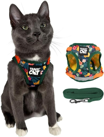 Travel Cat Harness and Leash Set - Adjustable Fit Mesh Cat Harness and Reflective Strap - Comfort Walking Vest for Kitten for Outdoor Walking, Hiking (Large, Hawaiian)