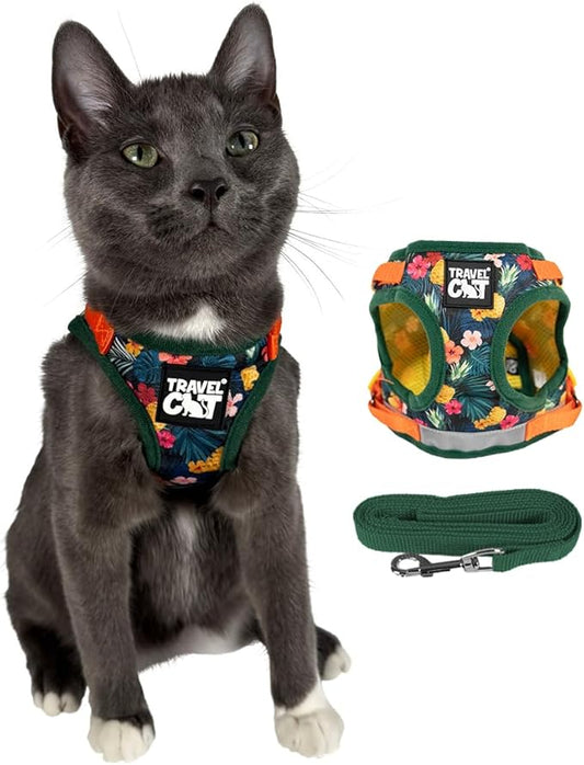 Travel Cat Harness and Leash Set - Adjustable Fit Mesh Cat Harness and Reflective Strap - Comfort Walking Vest for Kitten for Outdoor Walking, Hiking (Large, Hawaiian)