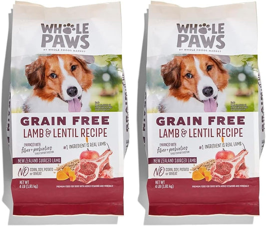 Whole Paws, Grain-Free Dry Dog Food, Lamb & Lentil Recipe, Enhanced with Fiber & Prebiotics, 4 lb (Pack of 2)