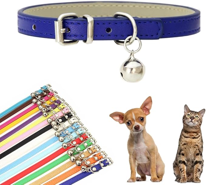 Blue XS Dog Collar with Bell, Faux Leather Cat Collar with Bells Pu Basic Boy Dog Collars for XXS XSmall Small Medium Pet Male Dogs Little Kitten Tiny Animal, X-Small