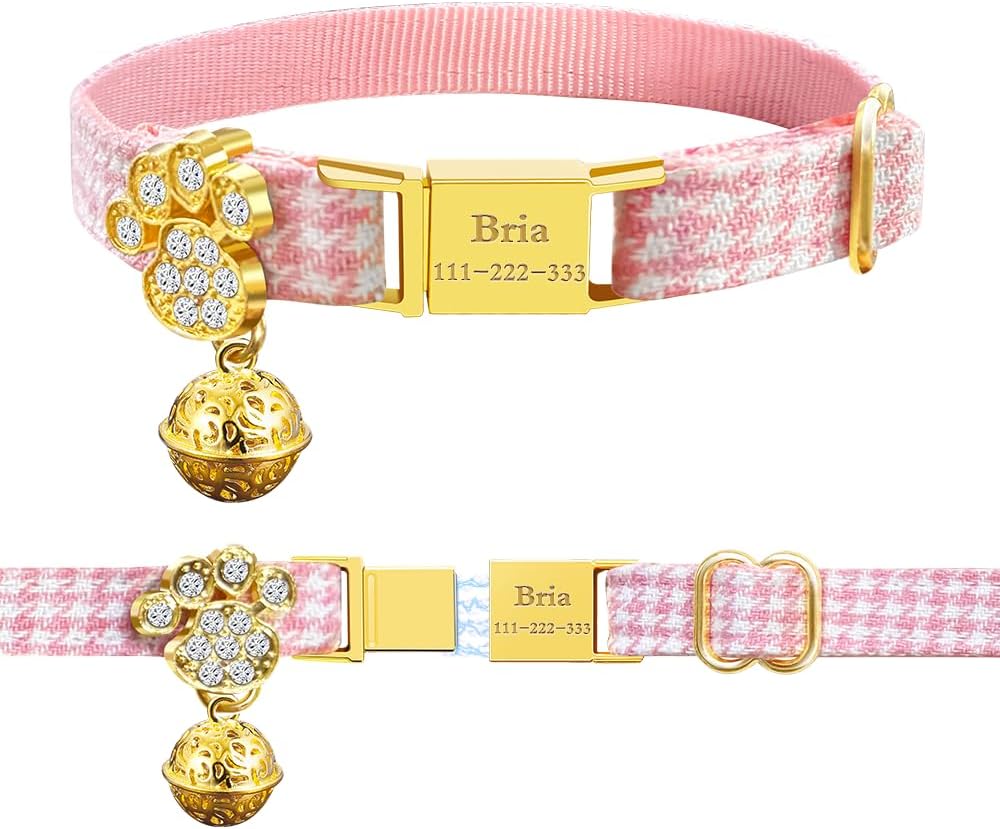 Personalized Breakaway Cat Collars - Magnetic Buckle, Bell - Safety Quick Release, Customized for Girls & Boys Cats- (Houndstooth-Pink)