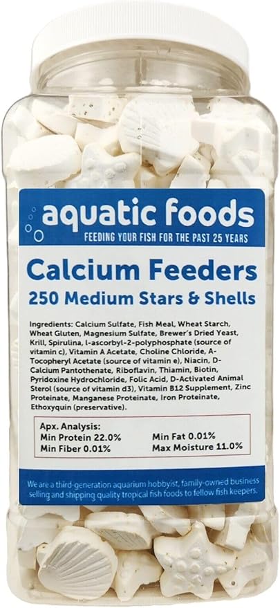 Aquatic Foods Inc. Medium Size Calcium Feeder Stars & Shells for Shrimp, Snails, Crabs, Crayfish, Hermit Crabs and All Tropical Fish…250 Count Jar