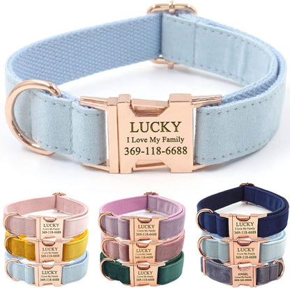 PETDURO Personalized Dog Collar Light Blue Soft Velvet for Large Medium Small Boy Girl Dogs - Custom Collar with Name Phone Engraved on Rose Gold Metal Buckle - Add Leash Bow Set via Customize Now