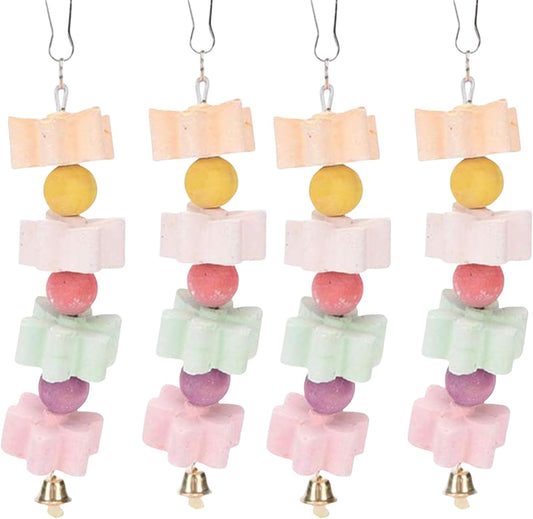 4Pieces Parrot Beak Trimmer Bird Beak Grinding Stone Teeth Lava Block Mineral Calcium Rock Chewing Toys with Bell for Parakeet Conure Budgies Rabbit Chinchilla Hamster