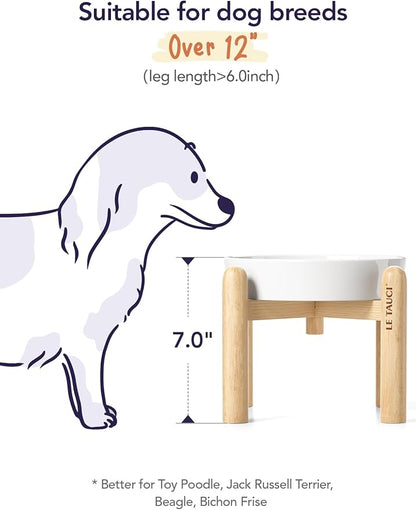 LE TAUCI Ceramic Slow Feeder Dog Bowls Elevated, 1.5 Cups Raised Dog Bowl with Wooden Stand for Small Medium Breed to Slow Down Eating, Puzzle Food Bowl,Angel White
