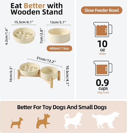 Ceramic 0.9 Cup Raised Slow Feeder Dog Bowl Set, Elevated 5.1inch Bowl and 6.1inch Slow Pet Food Dish with Wooden Stand for Small Dog and Cat (2 x Beige+ Stand)