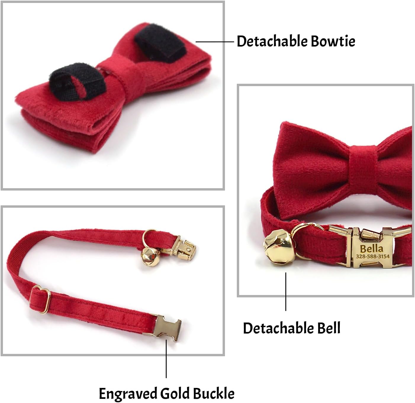Personalized Cat Collar with Custom Name Plate, Customize Engraved Gold Metal Buckle, Adjustable Velvet Tough Nylon Cat ID Tag Collars with Bell