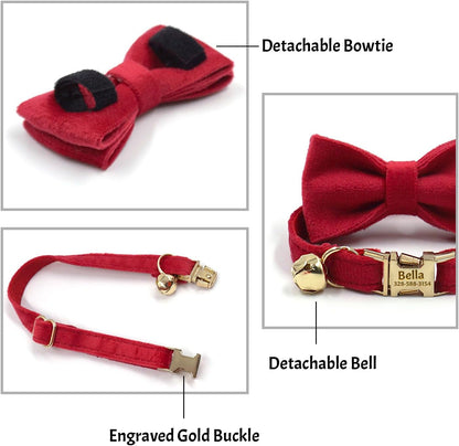 Personalized Cat Collar with Custom Name Plate, Customize Engraved Gold Metal Buckle, Adjustable Velvet Tough Nylon Cat ID Tag Collars with Bell
