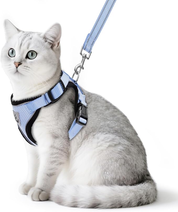 PUPTECK Cat Harness and Leash Set Escape Proof Reflective Cat Walking Harness Adjustable Soft Breathable Mesh Vest for Small Pets, Sky Blue, M