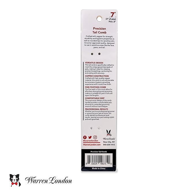 Warren London Precision Tail Comb made with Copper | 7 inches | Rounded Tips Prevent Irritation | Finishing and Fluffing Comb for Grooming Paws Face and Tail | Tear Stain Removal