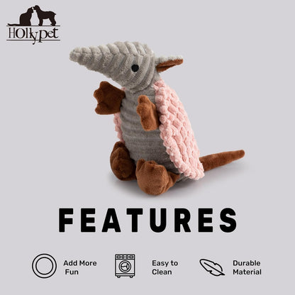 Hollypet Plush Dog Squeaky Toy Stuffed Armadillo Animal Pet Puppy Chew Toys with Clean Teeth for Small Medium Large All Breed Sizes Dogs, Light Pink, 8 in