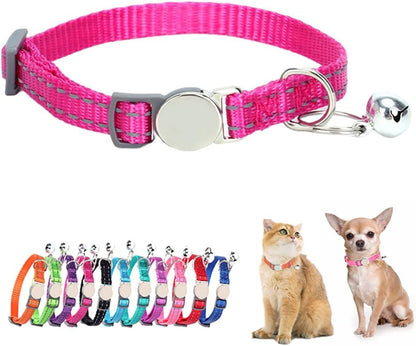 Reflective Cat Collar with Bell, Soft Nylon Break Away Kitten Collar with Bells, Breakaway Dog Collars for XXS Xs Small Tiny Little Girl Pet Dogs, Neck 7-11 Inch Hot Pink