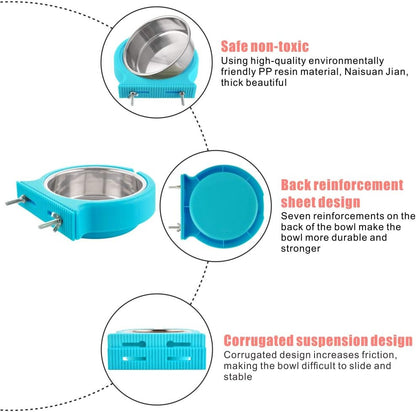 Crate Dog Bowl Removable Stainless Steel Water Food Feeder Bowls Cage Coop Cup for Cat Puppy Bird Pets (Small, Blue with Corrugated Clip)