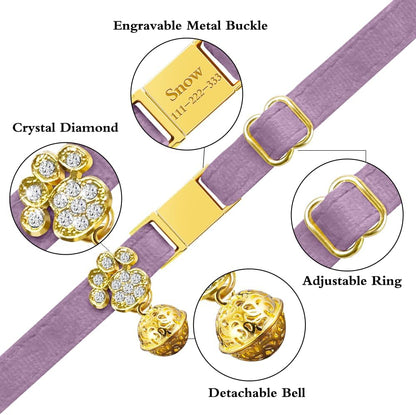 Personalized Breakaway Cat Collars - Magnetic Buckle, Bell - Safety Quick Release, Customized for Girls & Boys Cats- (Velvet-Deep Purple)