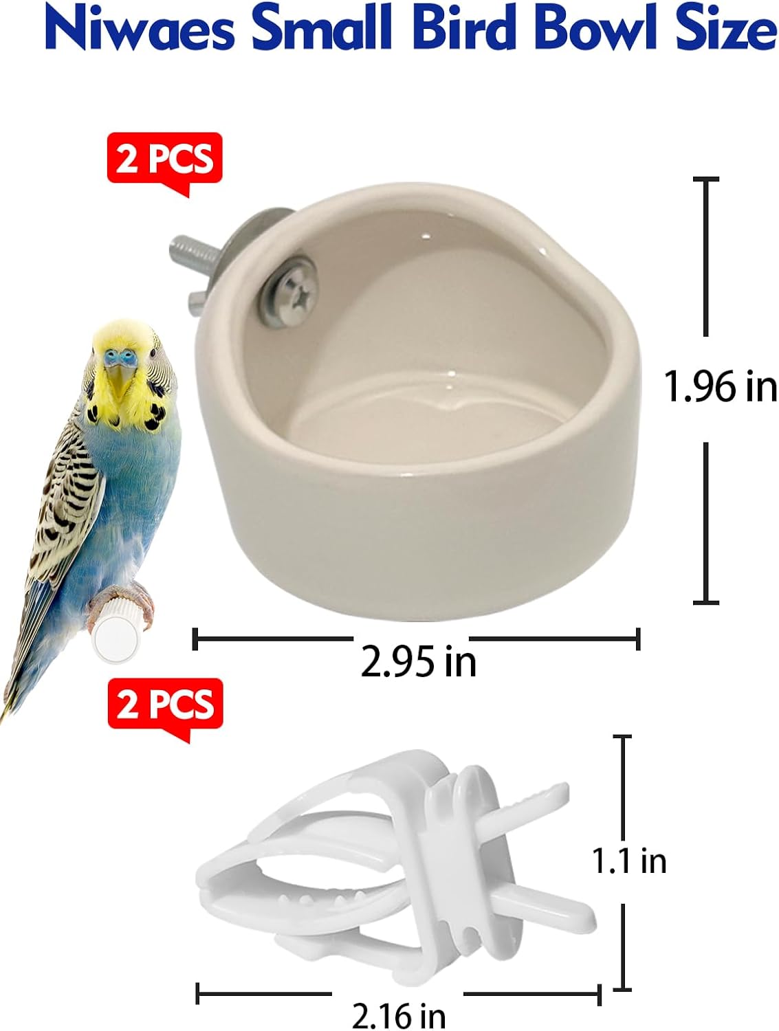 2 Pcs Ceramic Bird Food Bowl Hanging Parrot Food Bowl Pet Bird Bowls Birds Cage Holder for Budgie Finches Lovebirds Parakeet Cockatiels (White)