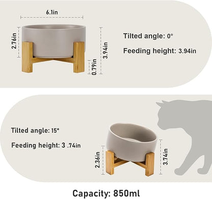 SPUNKYJUNKY 15° Slanted Ceramic Dog and Cat Bowl with Wooden Stand, Tilted Bulldog Food and Water Bowl No Slip Non-Spill for Cats Medium Dogs Big Face Pets 28.7 OZ (3.6 Cups, Grey)