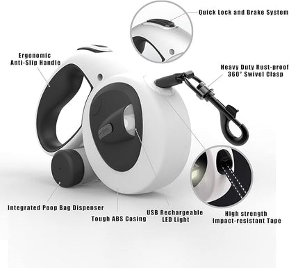 HCY&WLD Upgrade 4-in-1 Retractable Dog Leash with LED Light & Dispenser & Poop Bags, 16 ft Heavy Duty Dog Leash with Anti-Slip Handle for Dogs up to 110 lbs, 360° Tangle-Free, One Button Brake & Lock