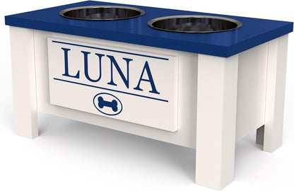 GrooveThis Woodshop - Personalized Elevated Dog Bowl Stand for Large, Medium, Small, X-Small Dogs - Stainless Steel Food and Water Bowls - Raised Dog Dish with Internal Storage (Medium, Blue)