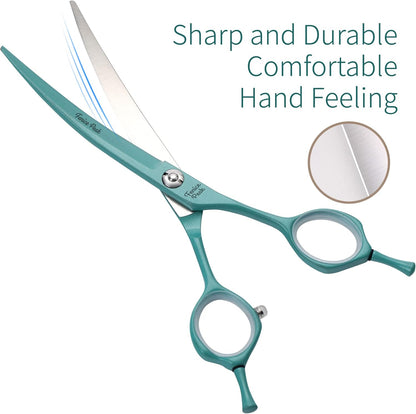 Fenice Peak Curved Dog Grooming Scissors with Green Color Coating 440C Stainless Steel Pet Grooming Bending Shears Sharp and Durable Comfortable Engonomic Handle