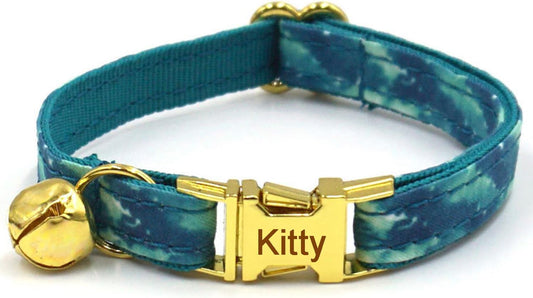 Personalized Cat Collar with Bells,Velvet Customized Small Cat Collar with Name Tag,Pet Collar with Name Phone Number Engraved ID Tags for Boy and Girl Kitten Cats (Peacock)