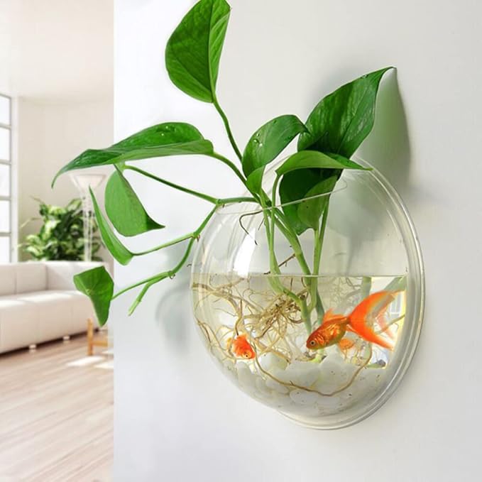Wall Fish Bowl, 9 inch Hanging Propagation Plant Pot Acrylic Wall Mounted Fish Tank Bubble Vase Flower Container for Hydroponic Plants Home Office Garden Wedding Decor